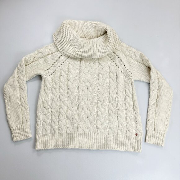 VOLCOM Cable Knit Sweater Small Cowl Neck Soft Cozy Plush Fall Winter Ivory - Picture 1 of 9